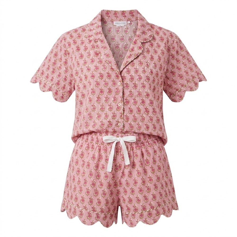 NWOT Mark & Graham Pink Print Cotton Pajama Set Scallop Trim Monogram M Large